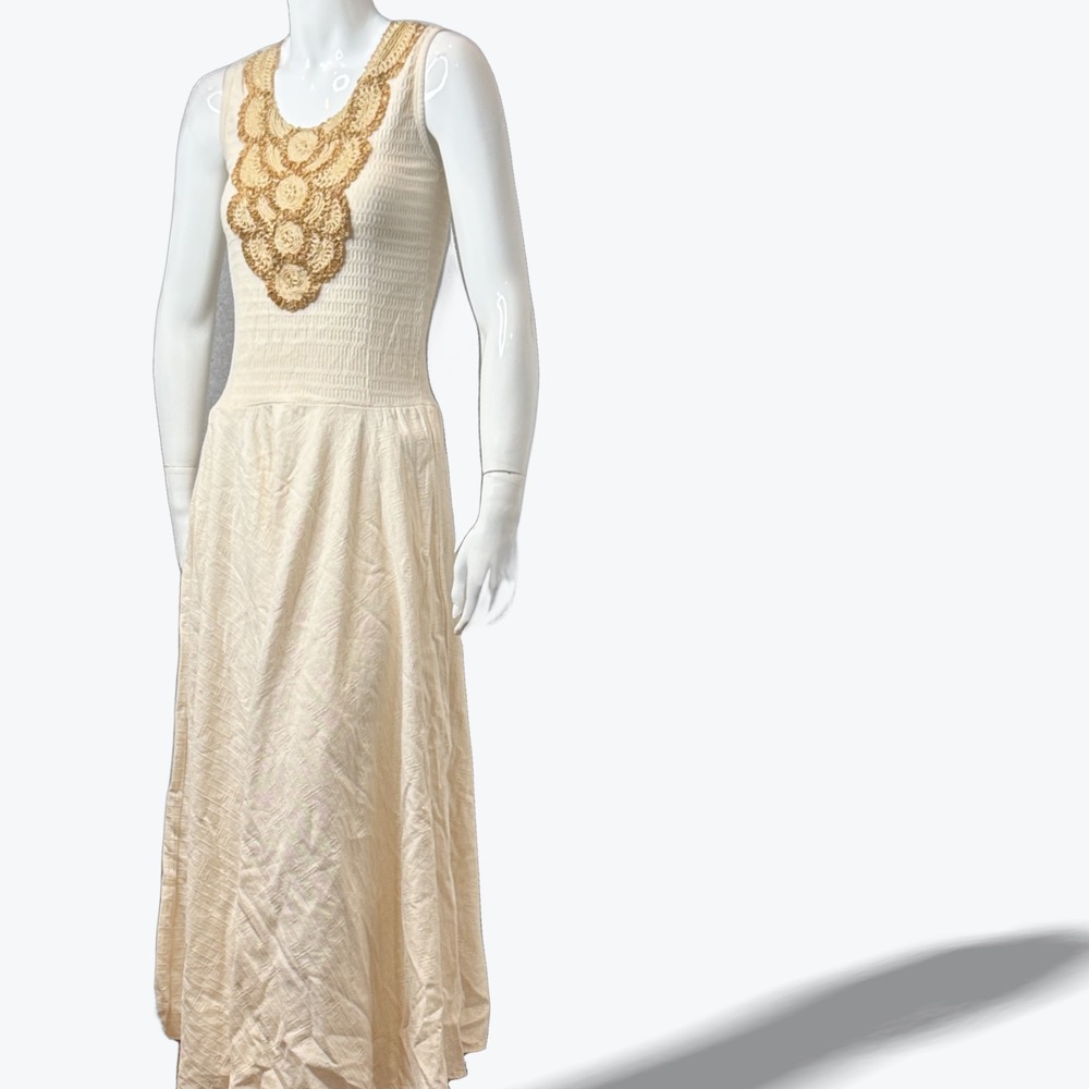 Cor D Terra Cotton‎ Smocked Maxi Dress Beaded Applique Brazil
